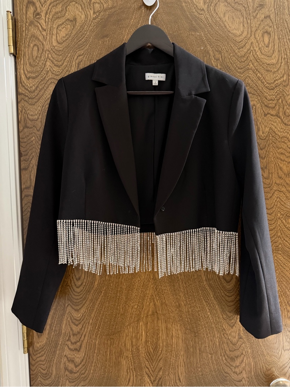 Gianni Bini Black Cropped Blazer with Rhinestone Fringe Detail